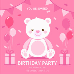 birthday invitation for girl baby with a teddy bear 