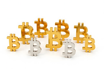Golden and silver bitcoin symbols on white background.