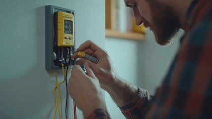 Electrician testing voltage on a newly installed power outlet. Featuring safety and expertise