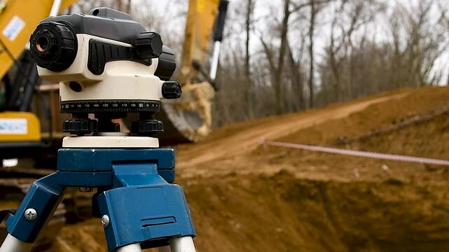 Surveyor equipment tacheometer or theodolite outdoors at construction site