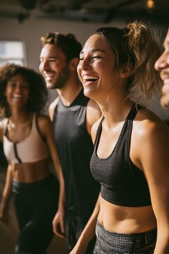 Group of happy and fit people in sportswear at the gym