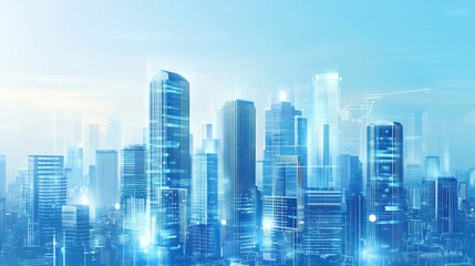 A futuristic city skyline with holographic buildings, illustrating the future of real estate and urban planning.