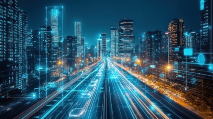 Fototapeta premium A futuristic city skyline with glowing buildings and holographic vehicles moving between skyscrapers in a digital world.