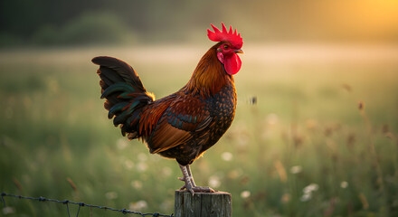 Fototapeta premium Majestic rooster standing in a field at golden hour sunlight
