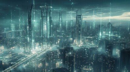 Fototapeta premium A futuristic city skyline with interconnected glowing digital networks, showcasing the integration of modern technology in urban planning
