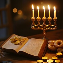 Beautiful Hanukkah Background with Glowing Menorah and Candles. Festive Hanukkah Design, Dreidels, Candles, and Holiday Lights, Traditional Hanukkah Scene,Celebrating the Festival of Lights.
