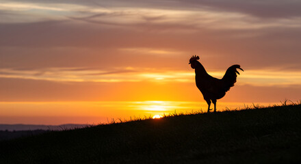 Fototapeta premium Rooster silhouette against vibrant sunset sky on grassy knoll
