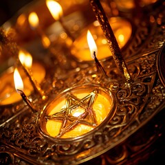 Beautiful Hanukkah Background with Glowing Menorah and Candles. Festive Hanukkah Design, Dreidels, Candles, and Holiday Lights, Traditional Hanukkah Scene,Celebrating the Festival of Lights.