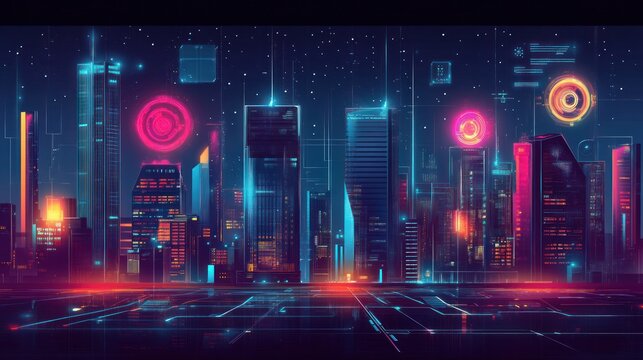 A futuristic city skyline at night, with neon lights and holographic interfaces showcasing digital data.