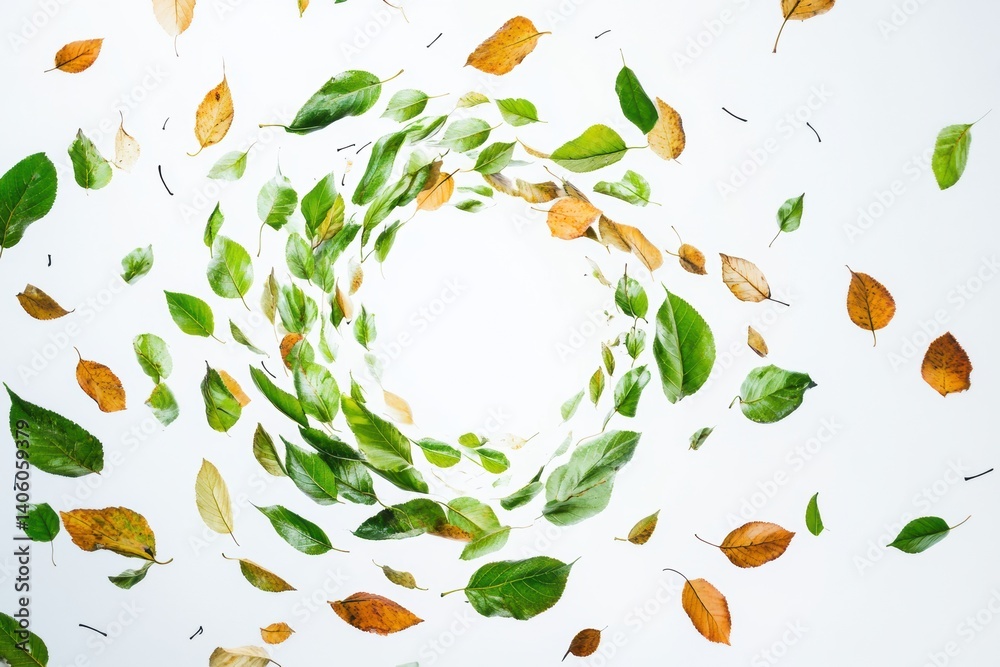 Aufkleber Swirling leaves in a spiral formation on a white background creating a dynamic autumnal effect