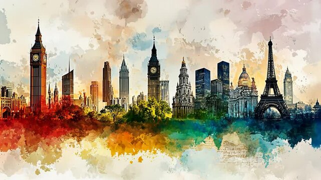 A Watercolor Skyline of Iconic Landmarks: A global cityscape featuring the Eiffel Tower, Big Ben, and other famous buildings.