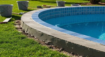 Fototapeta premium Concrete pool edge under construction with blue tiles and fresh grass surrounding the area, showcasing a sunny day and tools for home improvement
