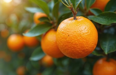 Close-up of ripe oranges hanging on orange trees. Green foliage background, sunny day, agriculture concept. Sweet, juicy mandarin fruit, harvest. Healthy eating vitamin source.