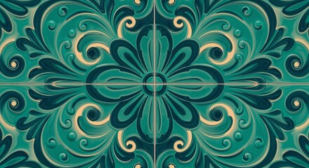 Intricate floral tile pattern in vibrant emerald and cream tones, showcasing swirling designs and symmetrical elements, evoking elegance and refinement