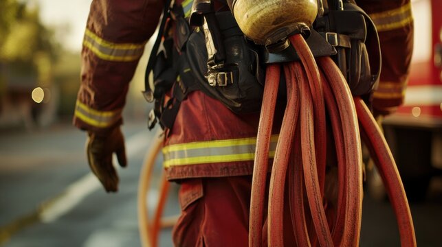 Firefighter carrying fire hoses during a training exercise. Featuring emergency preparedness and teamwork