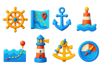 3D icon set of maritime navigation: ship wheel, nautical chart, anchor, buoy icon, ocean path, lighthouse, sextant, tide indicator. 3d icon. icons set of 3d style in a modern design. Isolated