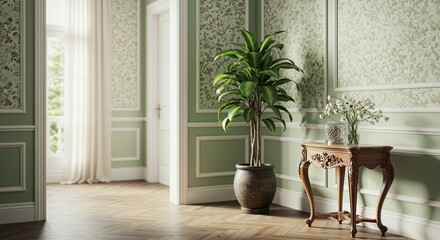Elegant interior design featuring a green wall with floral patterns, a potted plant, and an ornate wooden table with a decorative vase