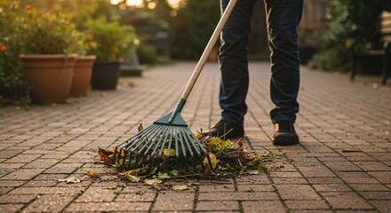 Person raking leaves in a garden during sunset, showcasing autumn colors and outdoor chores, with vibrant plants in the background