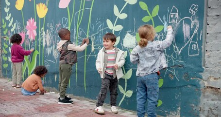 Art, city and creative with children and wall for friends, painting or community project. Flowers, learning and kindergarten education with group of kids and chalk for volunteer outreach program - Powered by Adobe