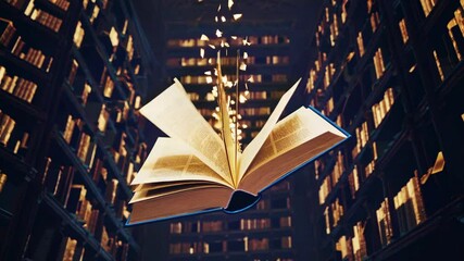 A magical video scene of a book floating in a grand library. Low-angle shot emphasizes the towering shelves and the book's mystical aura.