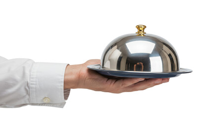 Isolated Hand Holding Silver Serving Cloche