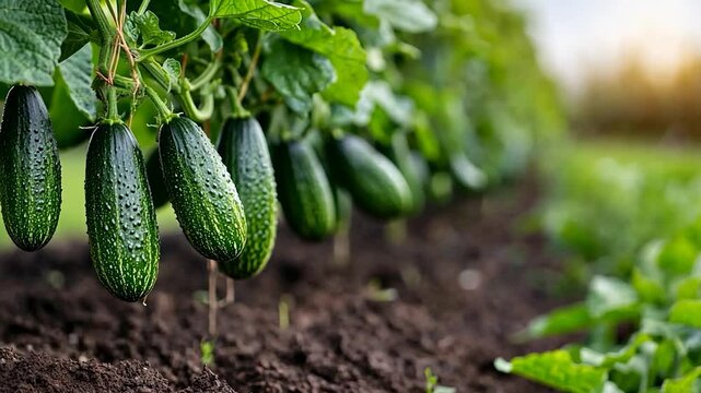 Lush cucumber plants bearing ripe fruit in a sunlit garden with blurred greenery in the background