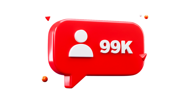 A red speech bubble with a white person icon and the text 99k on a black background rendering