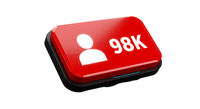 A red button with a white user icon and the text ninety eight k on a black background render