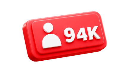 A red notification icon showing ninety four thousand followers on a black background in three d style