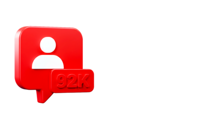 A red social media follow notification icon with a person and the number ninety two k on a black background