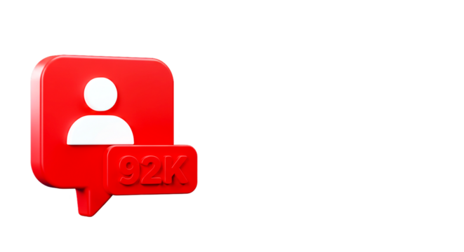 A red social media follow notification icon with a person and the number ninety two k on a black background