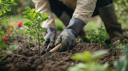 Fototapeta premium Landscaper planting trees along a garden path. Featuring nature and design
