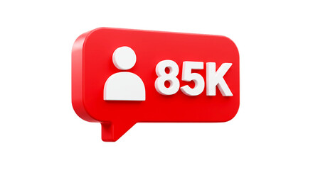A red notification icon with a white follower icon and the text 85k in white on a black background
