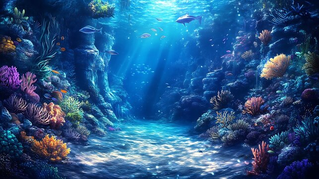 Crystal clear ocean floor abundant coral formations fish gracefully moving through the currents mesmerizing deep sea landscape