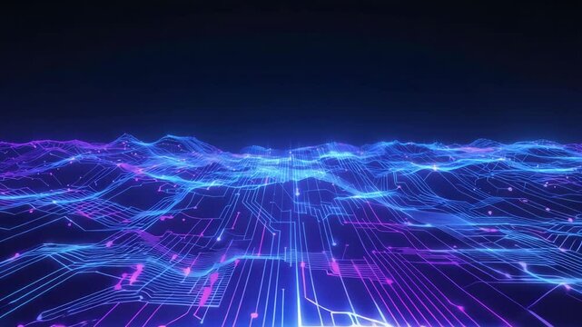 Neural network visualization with glowing blue data ines in motion