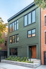 Fototapeta premium A contemporary green townhouse situated in a vibrant urban neighborhood features expansive windows and sleek, clean lines, all bathed in beautiful sunlight