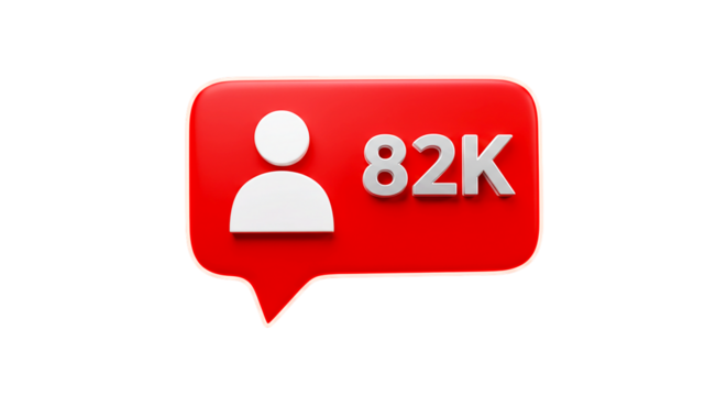 Red speech bubble with white follower icon and eighty two k text on a black colored background