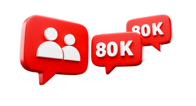 Three dimensional rendering of eighty thousand followers notification icons on a black background