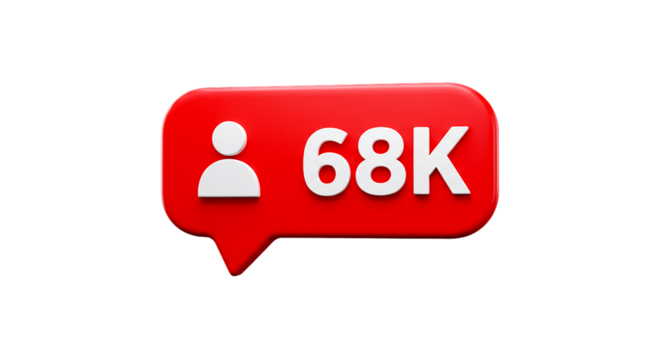 A red speech bubble with a white person icon and the text 68k on a black isolated background