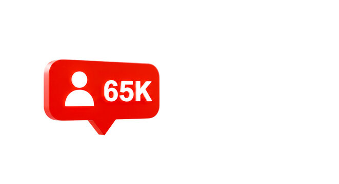 A red notification icon with sixty five thousand followers on a black background in a three d render