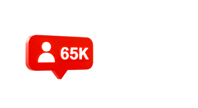 A red notification icon with sixty five thousand followers on a black background in a three d render