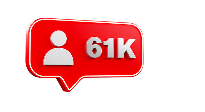 A social media notification icon showing sixty one thousand followers on a red speech bubble shape