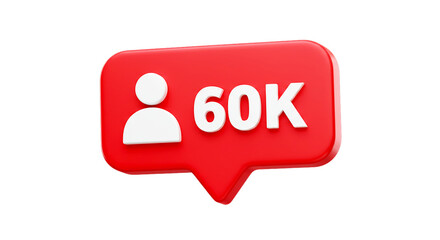 Red notification bubble with sixty k followers icon on a black background in a digital render