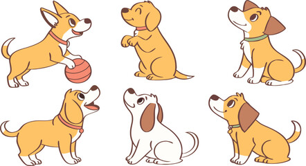 Fototapeta premium Cute Cartoon Dog Breeds Vector Set - Colorful Flat Animal Illustrations for Kids, Posters, and Pet Designs.eps