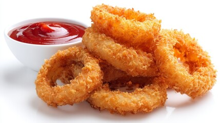Crispy Golden Onion Rings Served with a Tangy Red Ketchup Dip Perfect for Appetizers and Snack Time Enjoyment in a Stylish Presentation