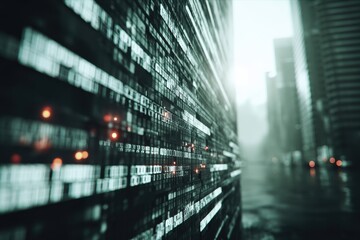 Obraz premium Digital matrix pattern wall, showcasing data flow in a futuristic cityscape scene, with abstract patterns and a glimpse of modern architecture in the background.