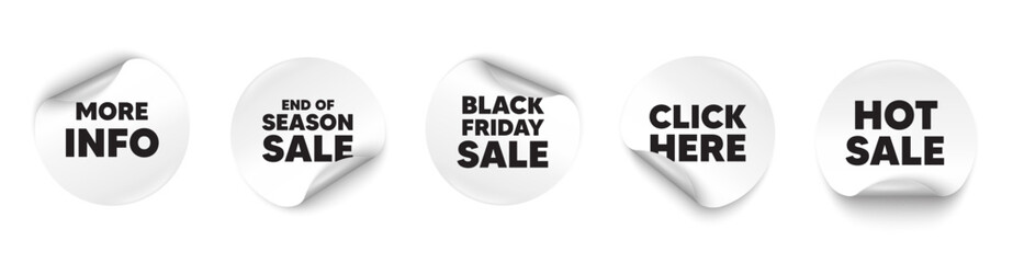 More info sticker tag. Season sale, Black friday paper price banners. More info tag. Navigation sign. Read description symbol. Click here sticker. Vector