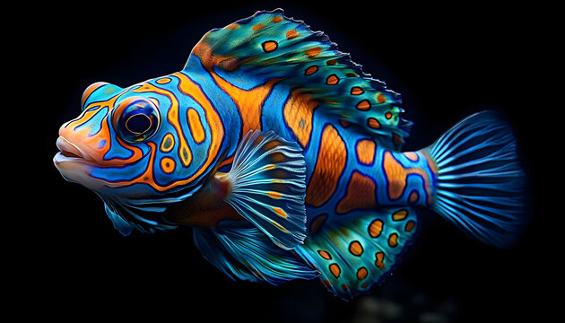 A mandarinfish with intricate blue, orange, and green patterns, sharply focused against a dark aquarium background