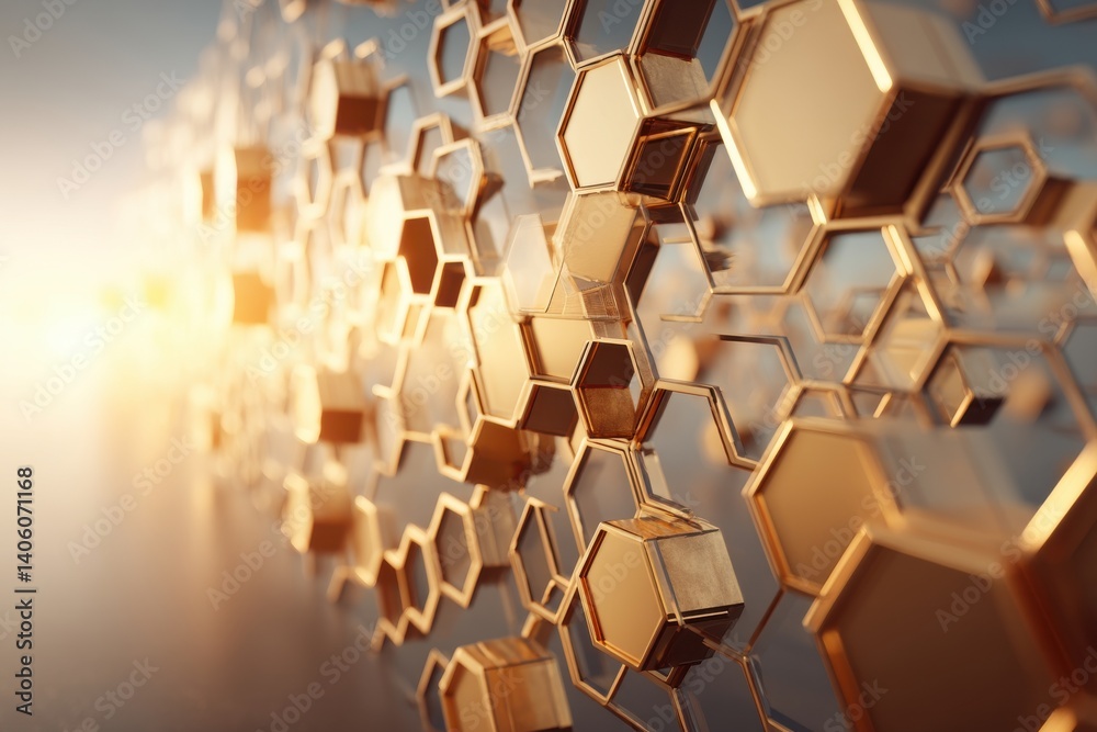 Poster golden honeycomb structure with a bright light shining through, creating a modern abstract pattern, 