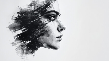 Fototapeta premium Woman face in abstract expressionist style and traditional ink wash painting
